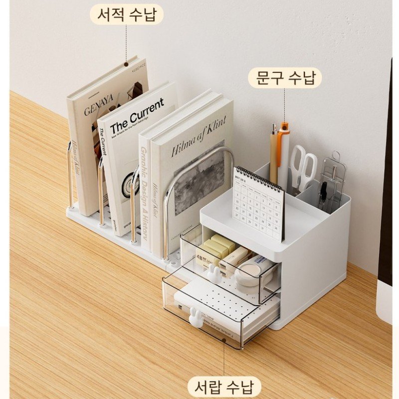 4칸 책꽂이 흰토끼 올인원 연필꽂이 책상 서랍 정리함 데스크 오거나이저, 2단, 화이트 상세 이미지 2